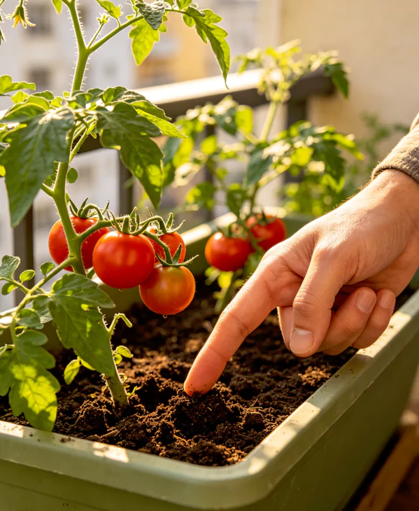 checking tomato soil moisture