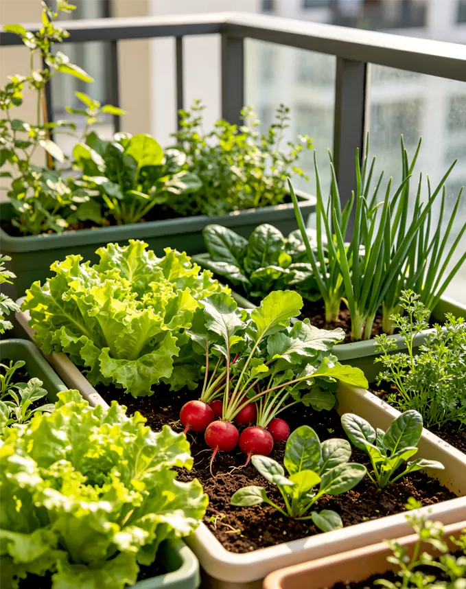 Fast growing vegetables thriving in balcony containers