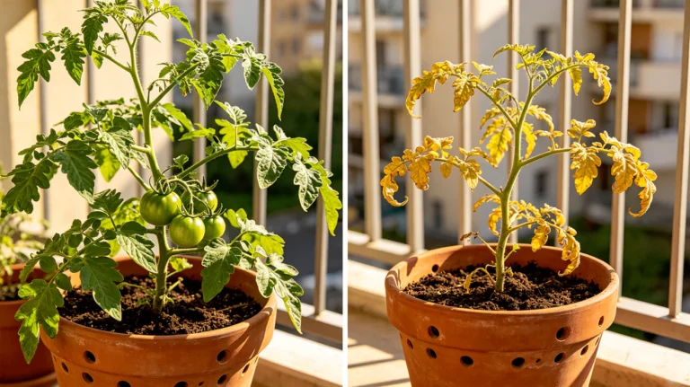 Healthy tomato plant compared with tomato plant showing curled leaves