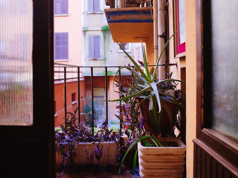 Apartment patio garden with vertical planters and colorful flowers on a small balcony