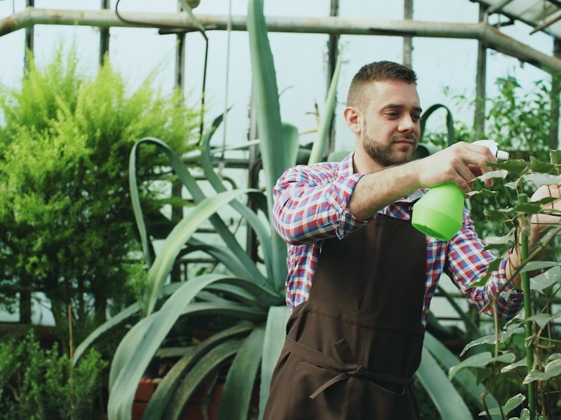 Worker potting up seedlings into larger containers in a commercial greenhouse